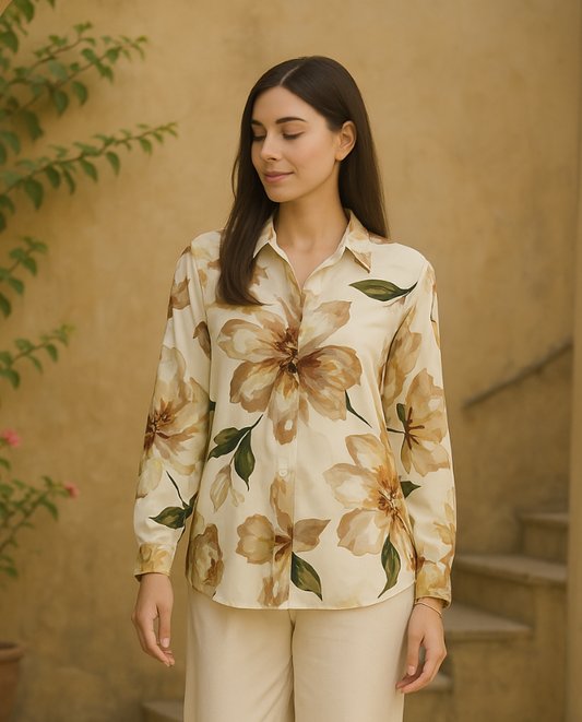 Ivory Floral Print Georgette Shirt