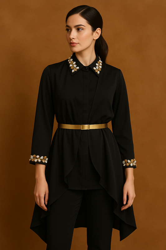 Hand-Embroidered Satin Drape Black Shirt