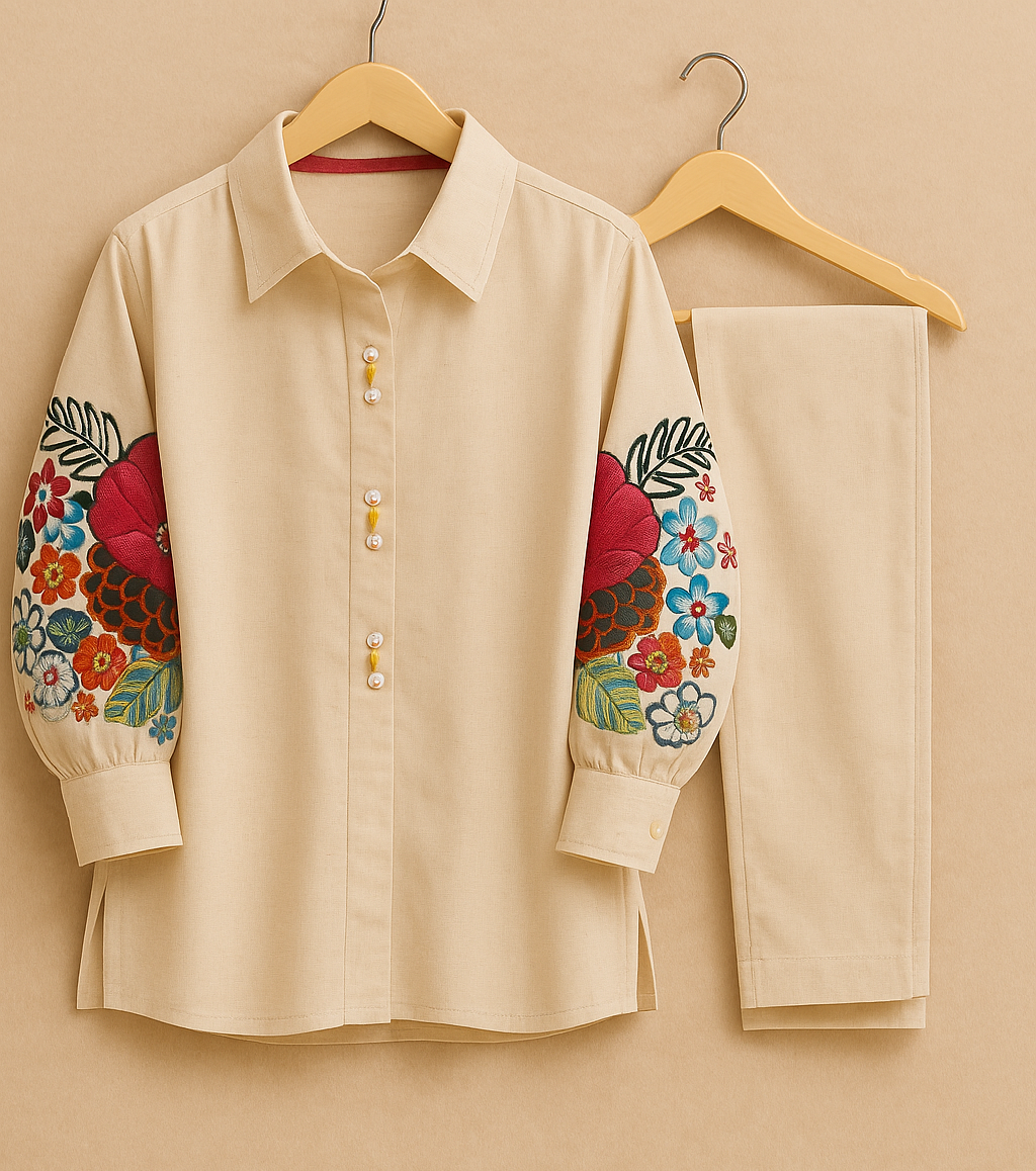 Elegant Embroidered Sleeve Khadi Co-ord Set