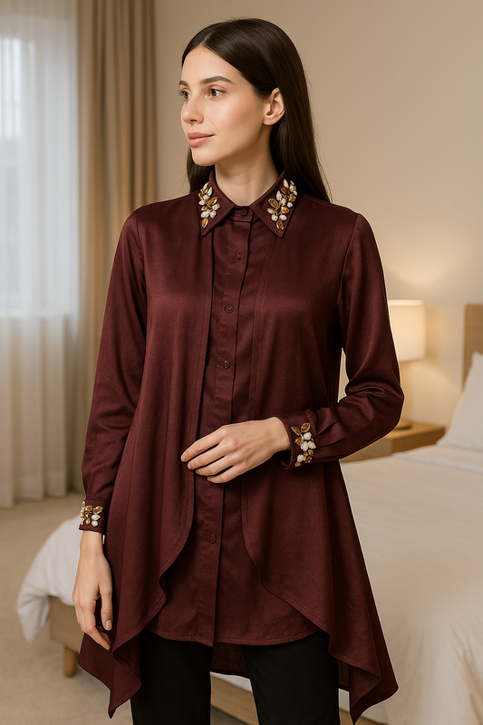 Hand-Embroidered Satin Drape Maroon Shirt