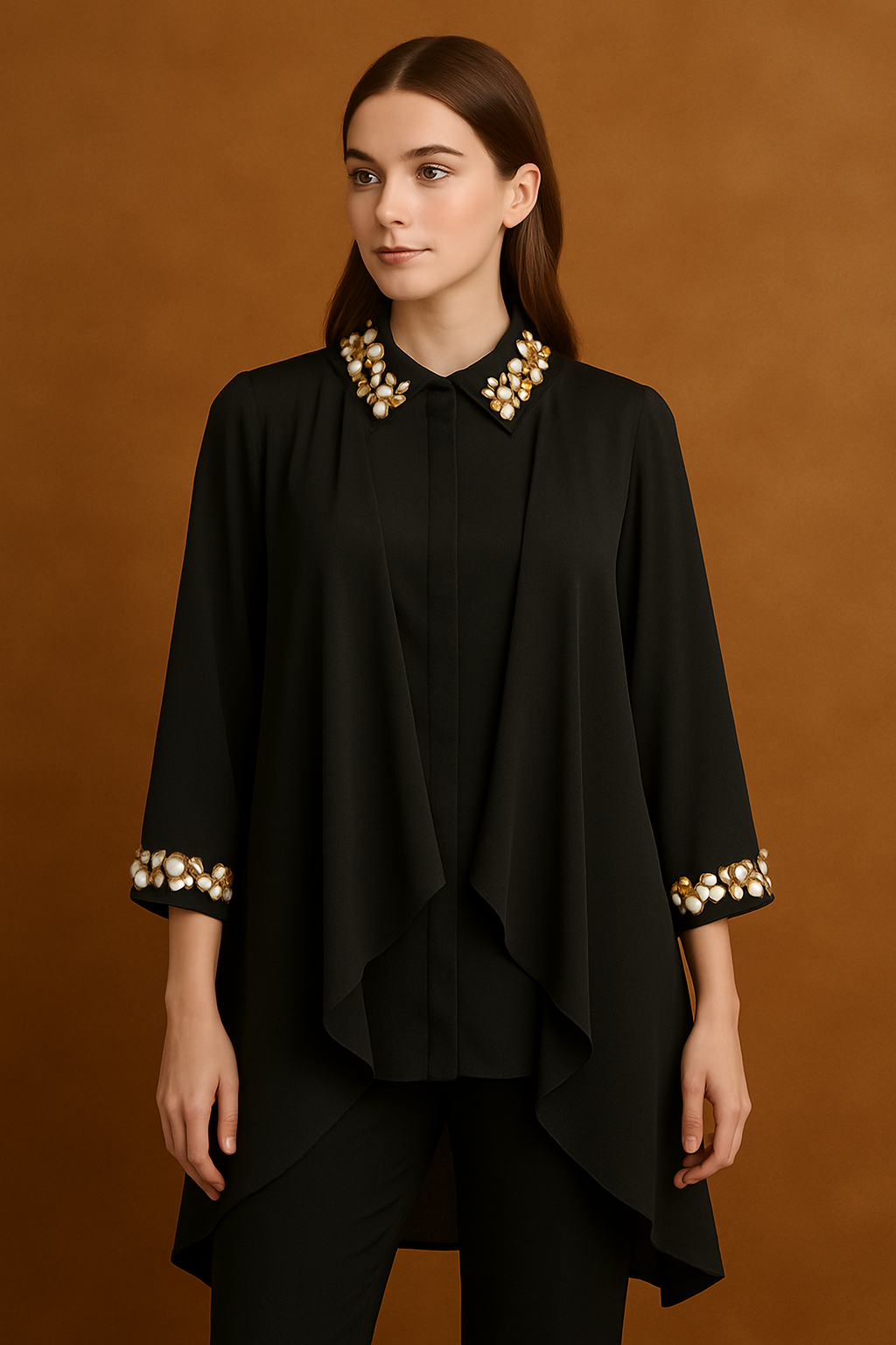 Hand-Embroidered Satin Drape Black Shirt