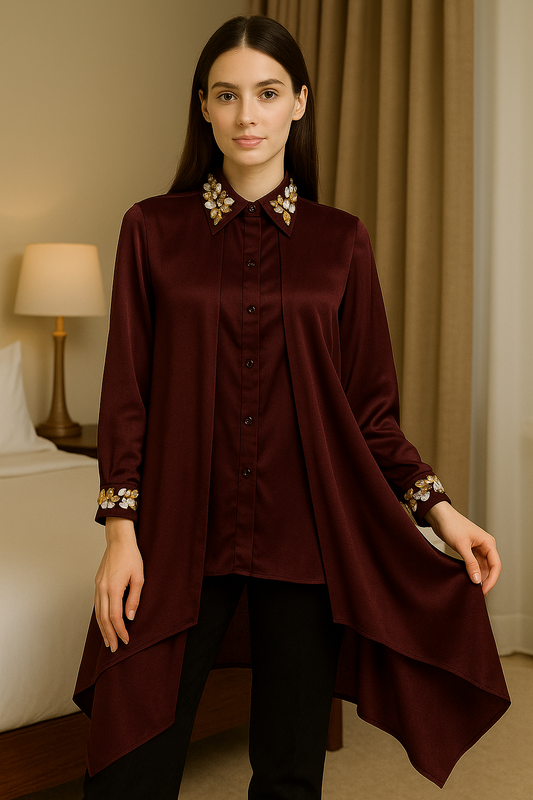 Hand-Embroidered Satin Drape Maroon Shirt
