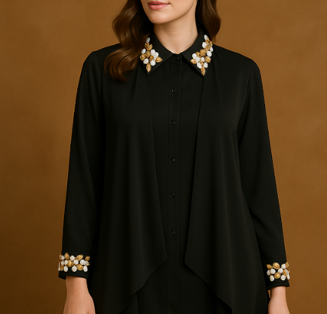 Hand-Embroidered Satin Drape Black Shirt