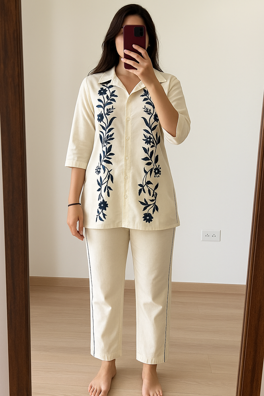 Blue Thread Embroidered Cotton Co-ord Set