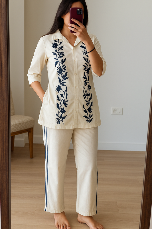 Blue Thread Embroidered Cotton Co-ord Set