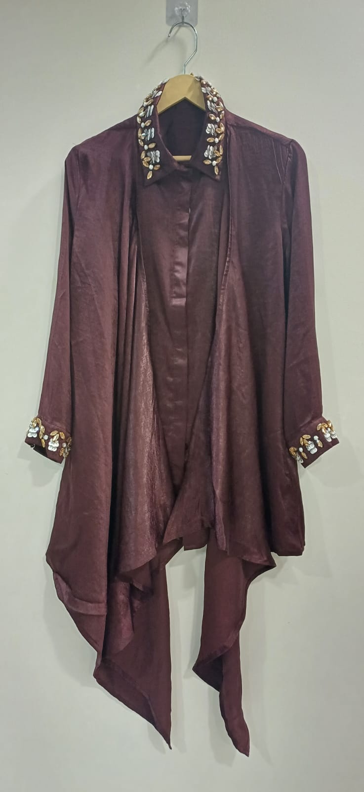 Hand-Embroidered Satin Drape Maroon Shirt