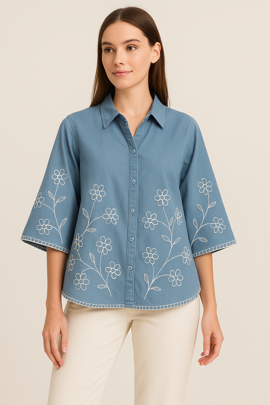Embroidered Denim A-Line Shirt