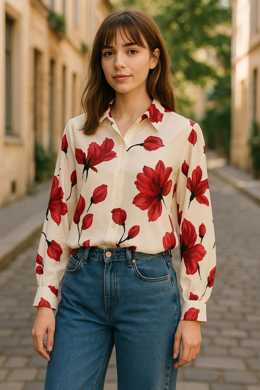 Ivory and Deep red Floral Button-Down Shirt