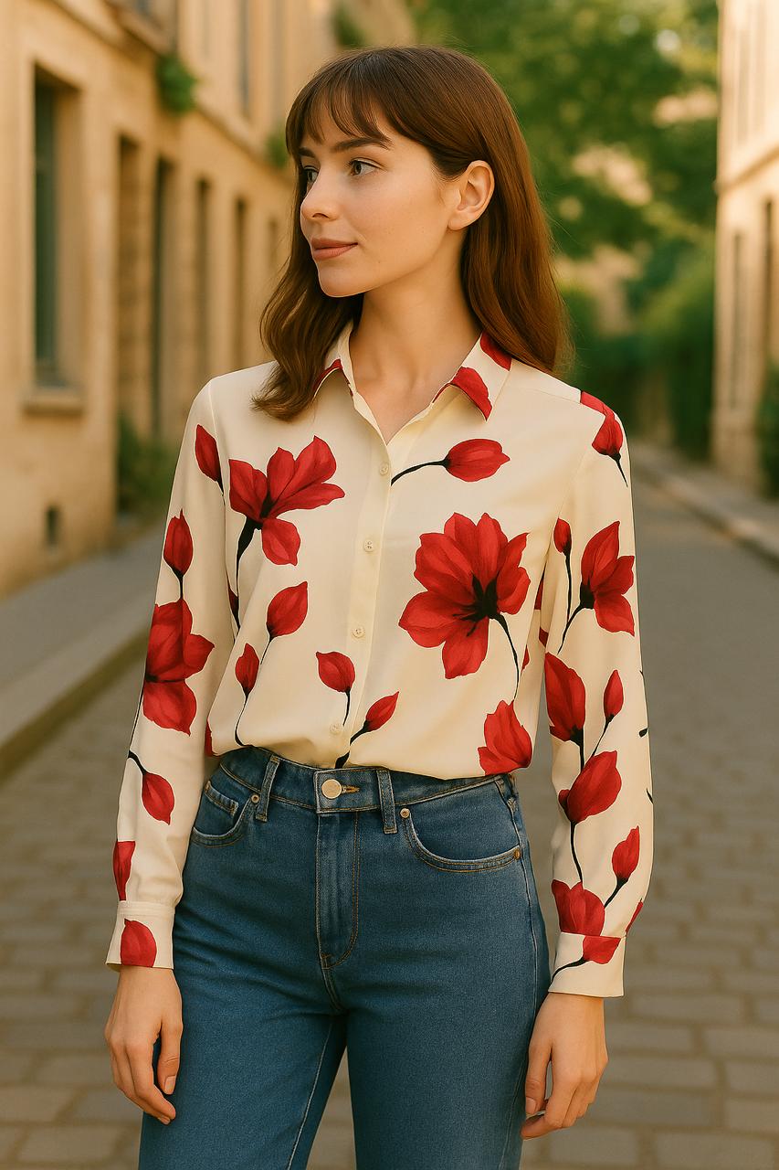 Ivory and Deep red Floral Button-Down Shirt