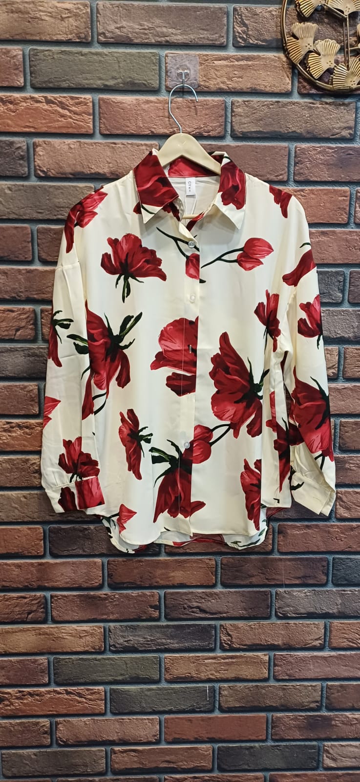 Ivory and Deep red Floral Button-Down Shirt