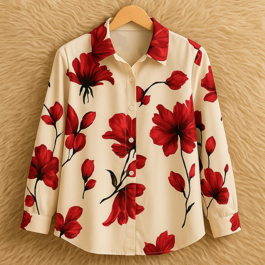 Ivory and Deep red Floral Button-Down Shirt