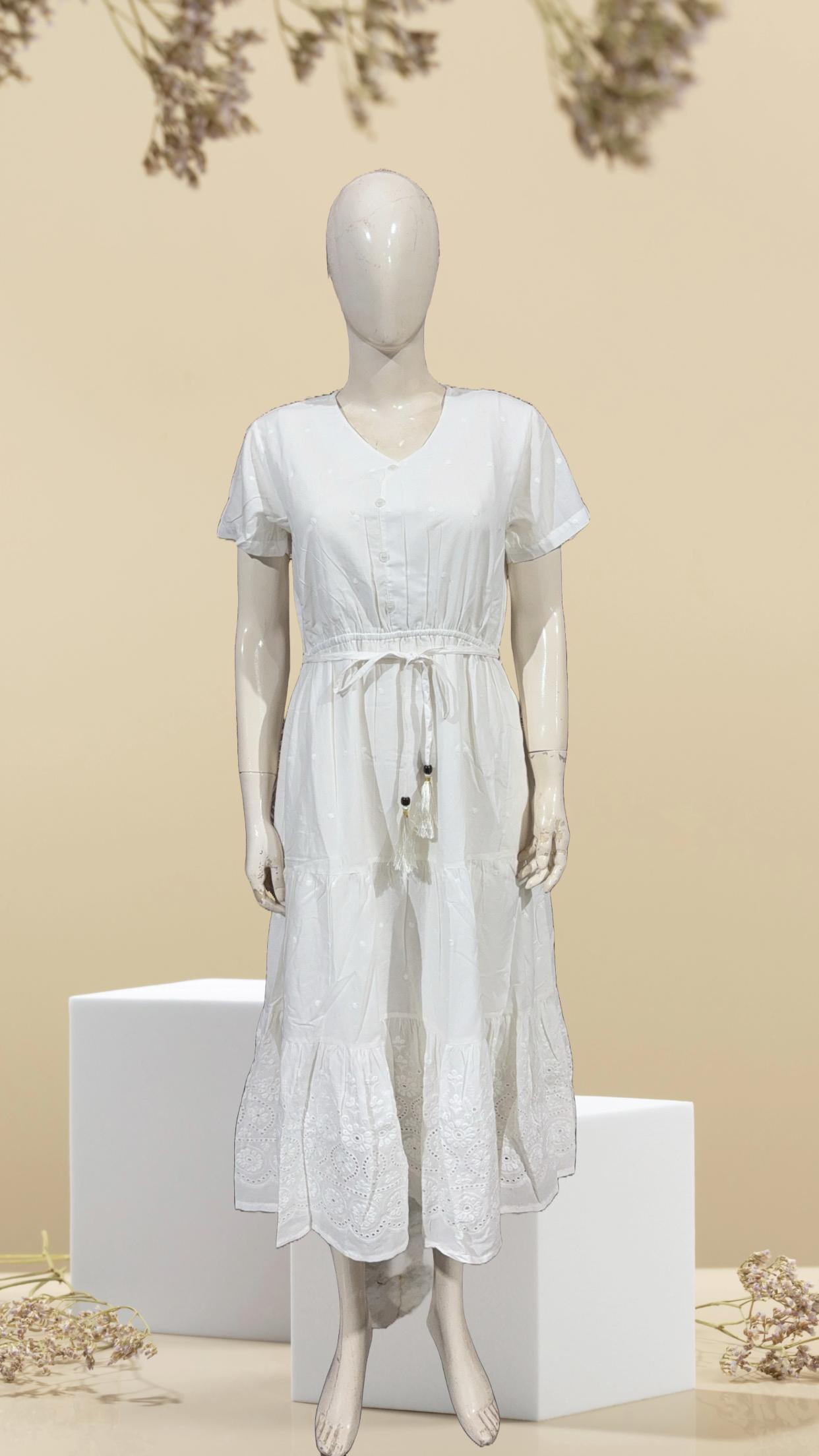White Tiered Cotton Maxi Dress with Embroidered Hem