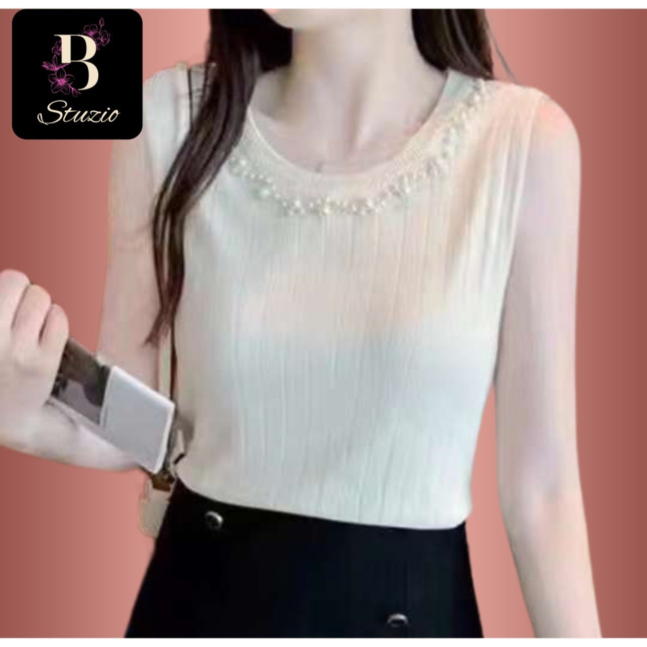 Natural Beige Pearl-Embellished Knit Top
