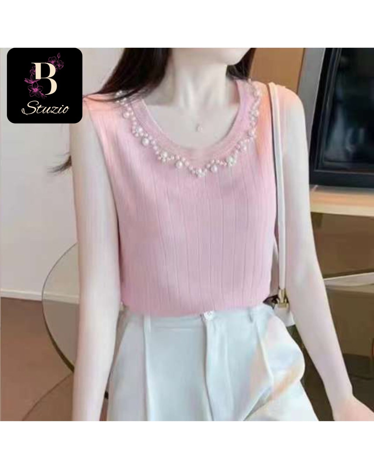 Blush Pink Pearl-Embellished Knit Top