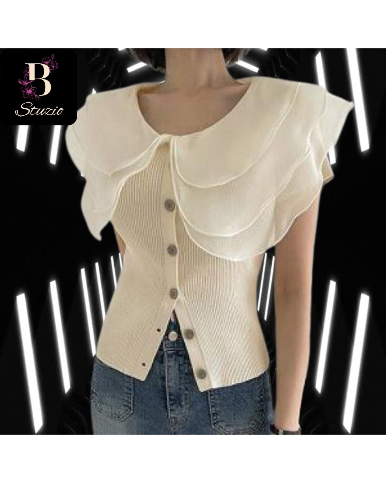 White Chic Cascade Ruffle Knit Blouse with Button Detail
