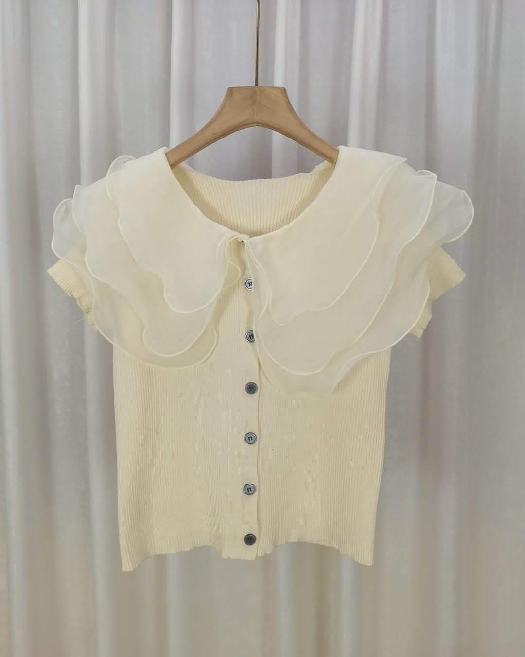 White Chic Cascade Ruffle Knit Blouse with Button Detail