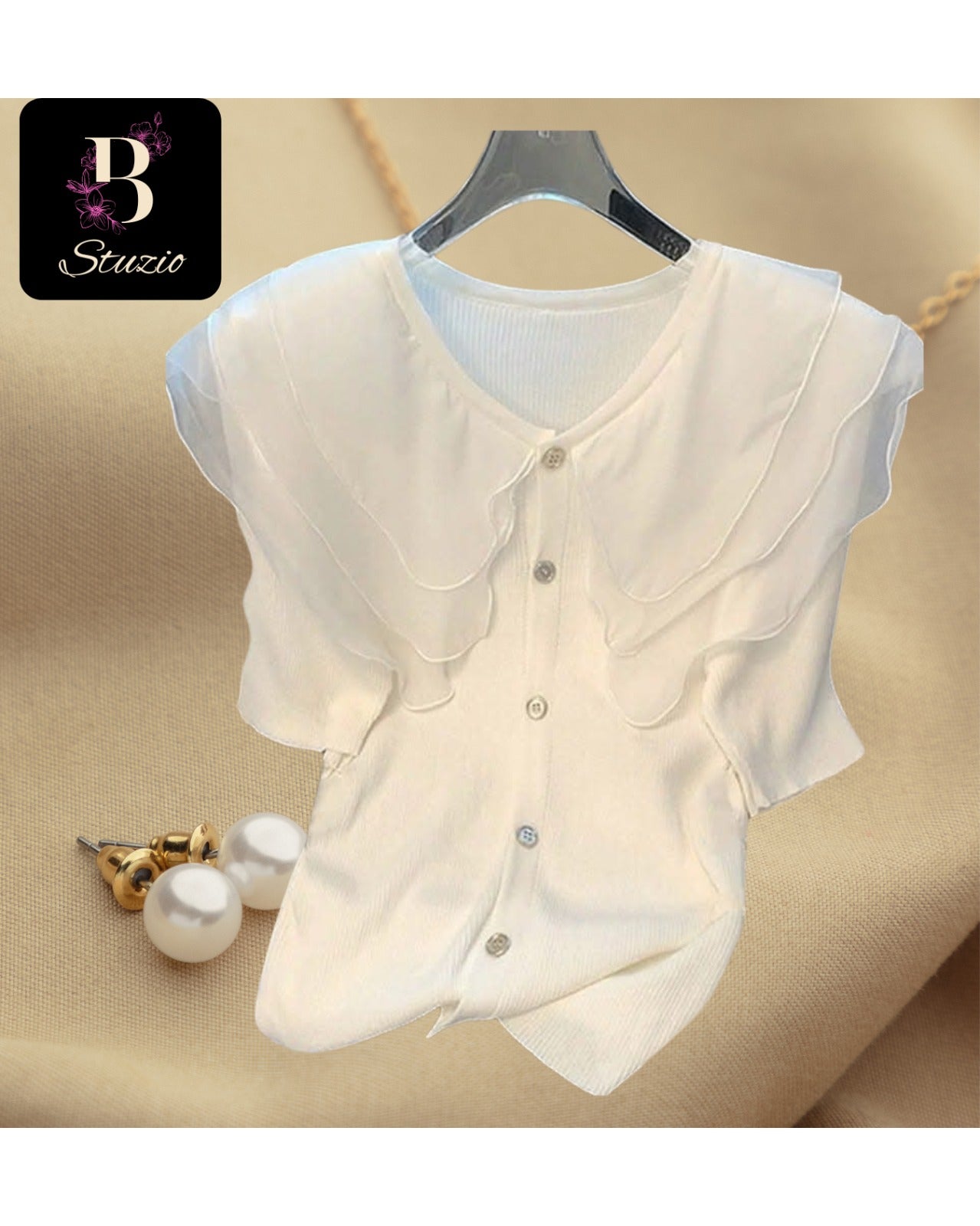 White Chic Cascade Ruffle Knit Blouse with Button Detail