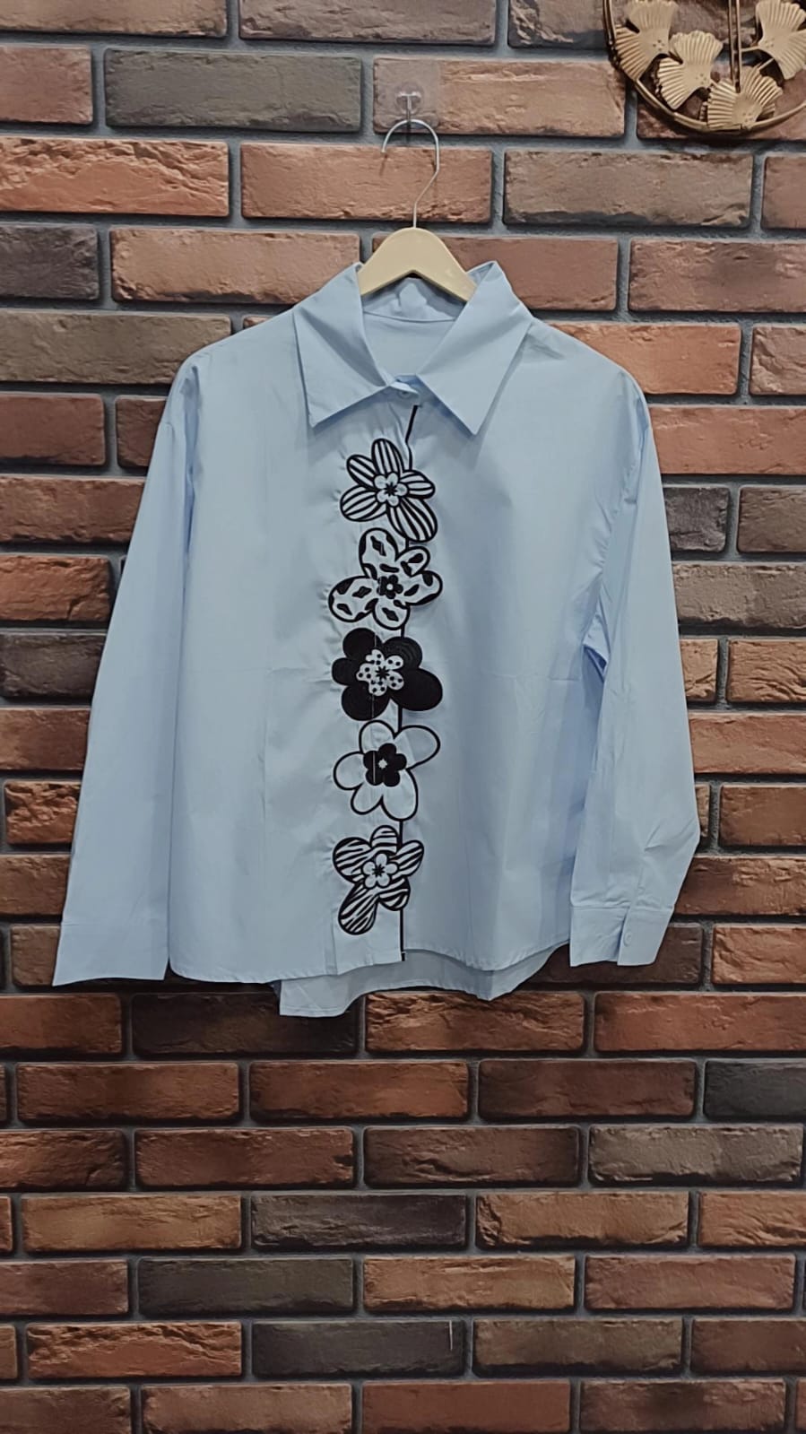Cotton Shirt with Floral Scalloped Embroidery , POWDER BLUE