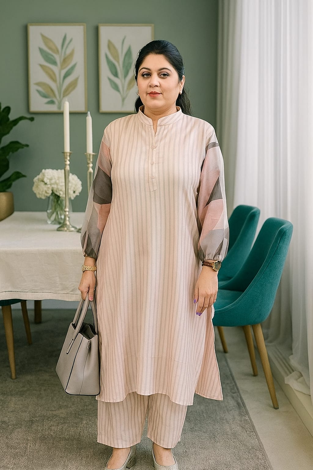 Blush Striped Kurta Set with Printed Sleeves