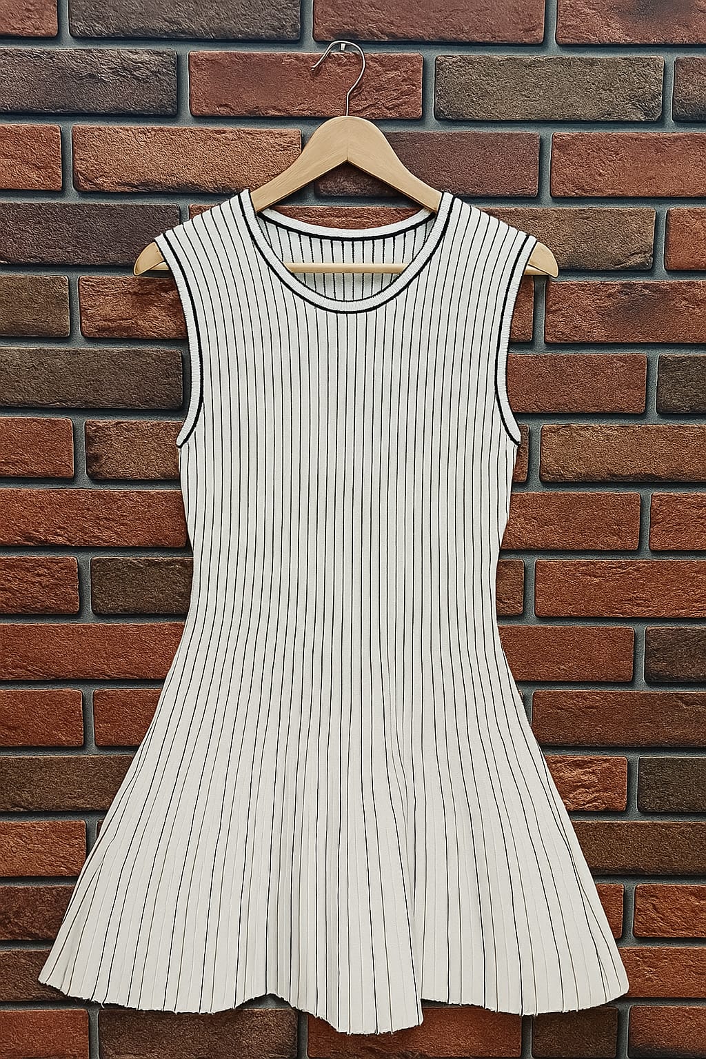 White Cotton Knit Stripe Dress
