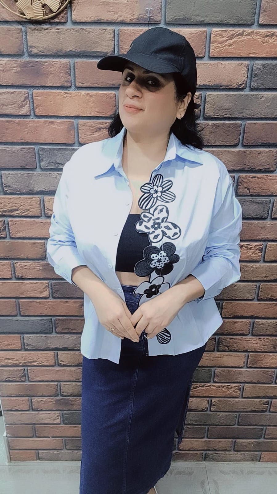 Cotton Shirt with Floral Scalloped Embroidery , POWDER BLUE