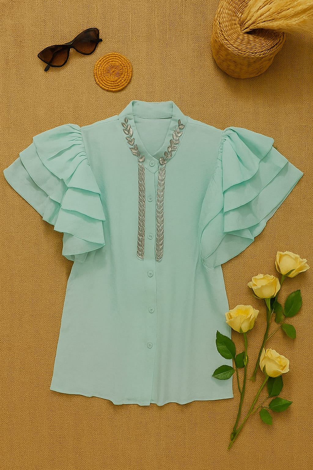 Black Ruffle Sleeve Embellished Shirt - BStuzio Exclusive