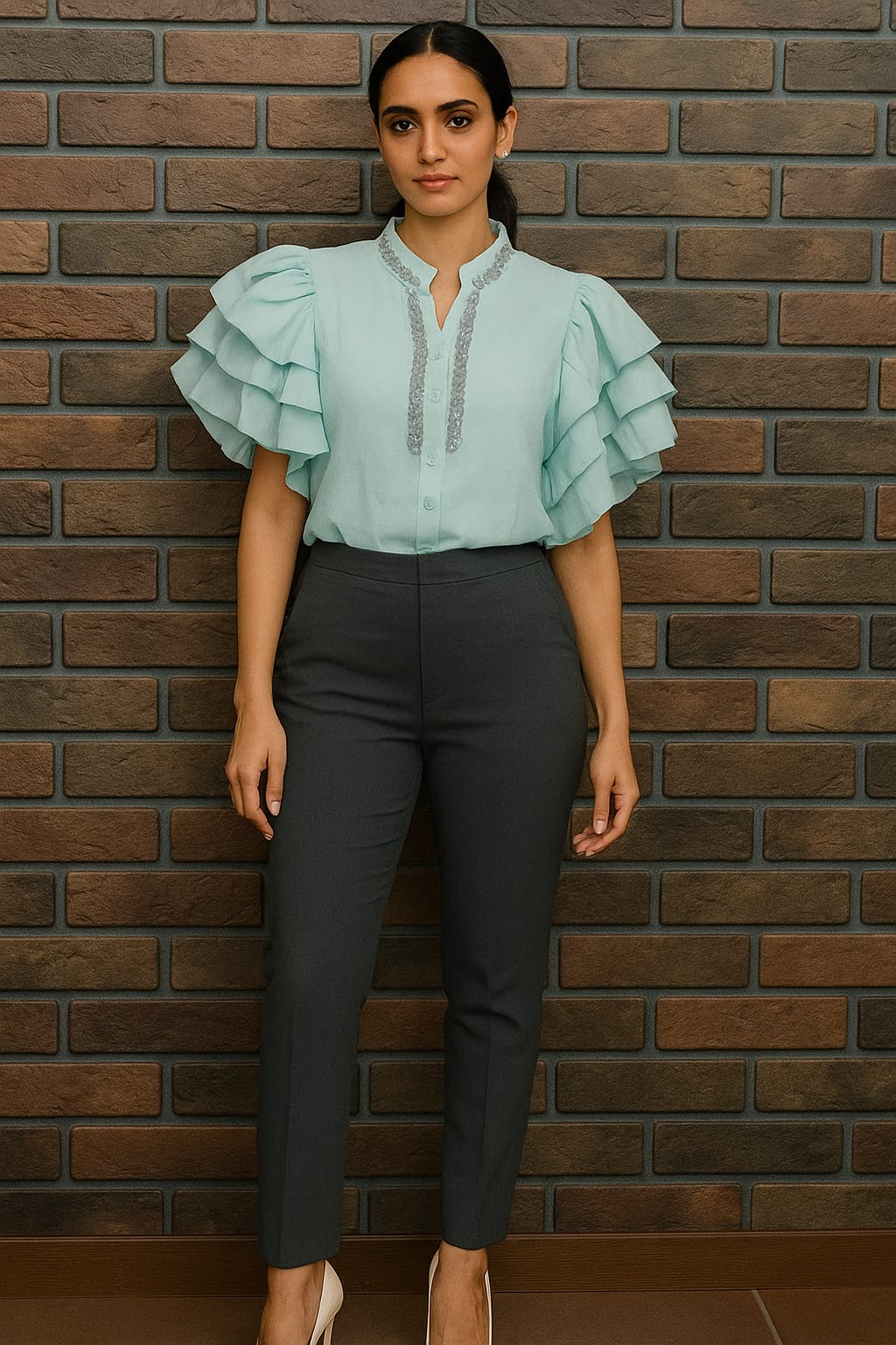 Black Ruffle Sleeve Embellished Shirt - BStuzio Exclusive