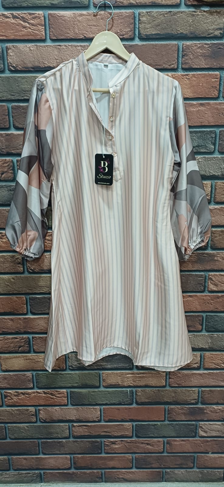 Blush Striped Kurta Set with Printed Sleeves