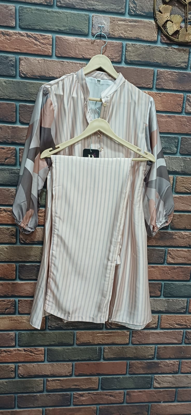 Blush Striped Kurta Set with Printed Sleeves