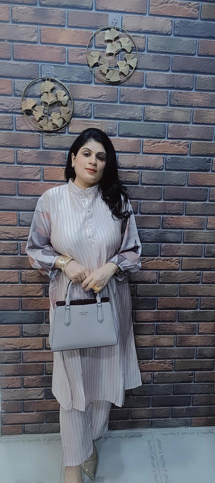 Blush Striped Kurta Set with Printed Sleeves