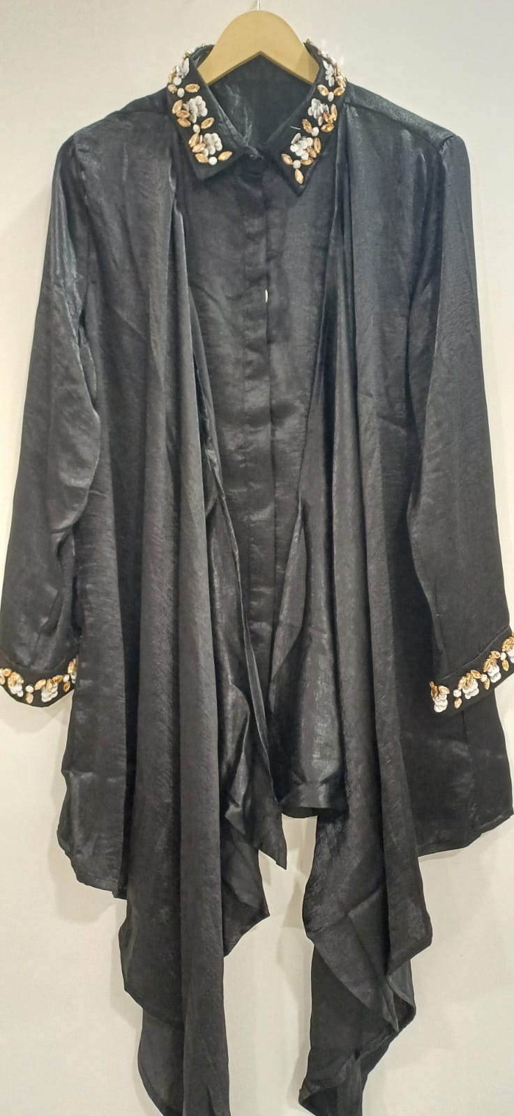 Hand-Embroidered Satin Drape Black Shirt