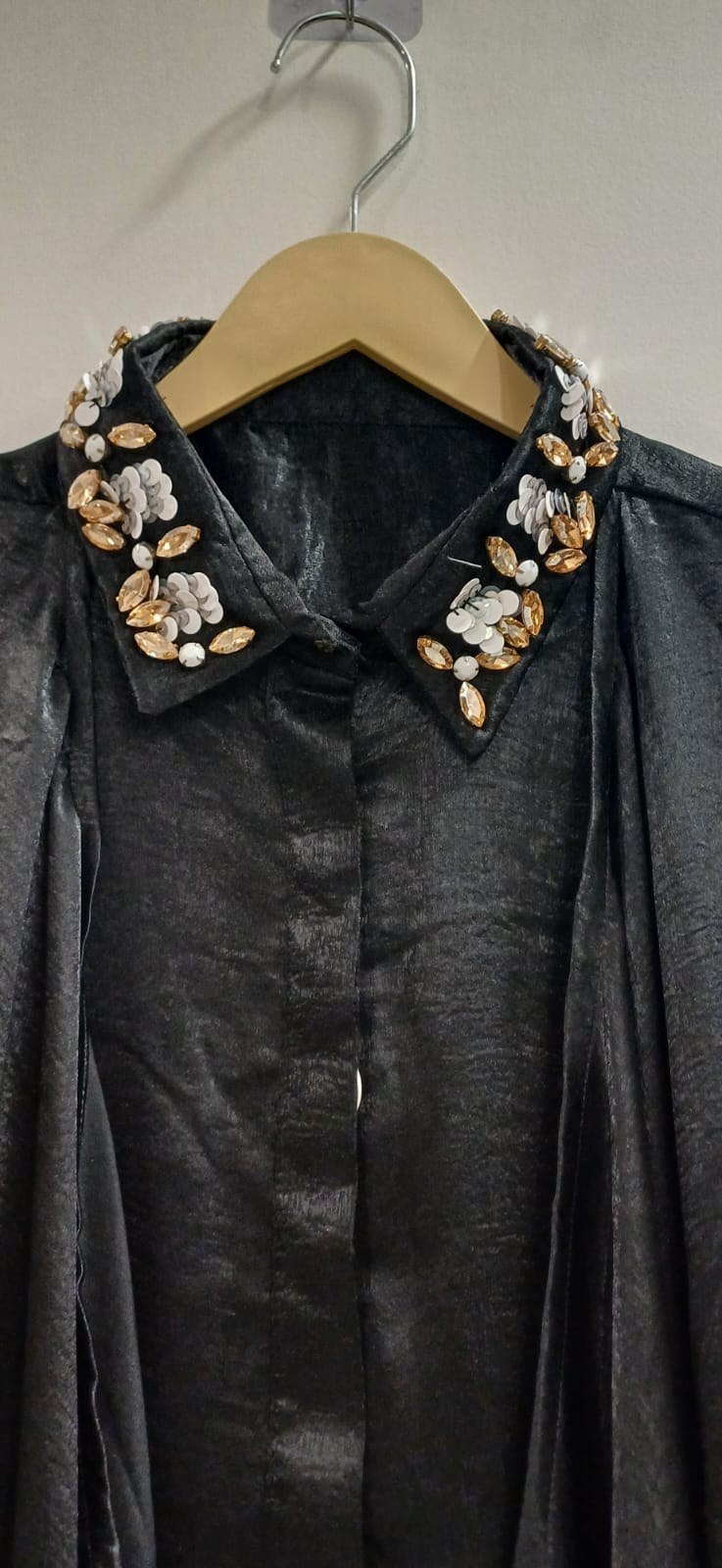 Hand-Embroidered Satin Drape Black Shirt