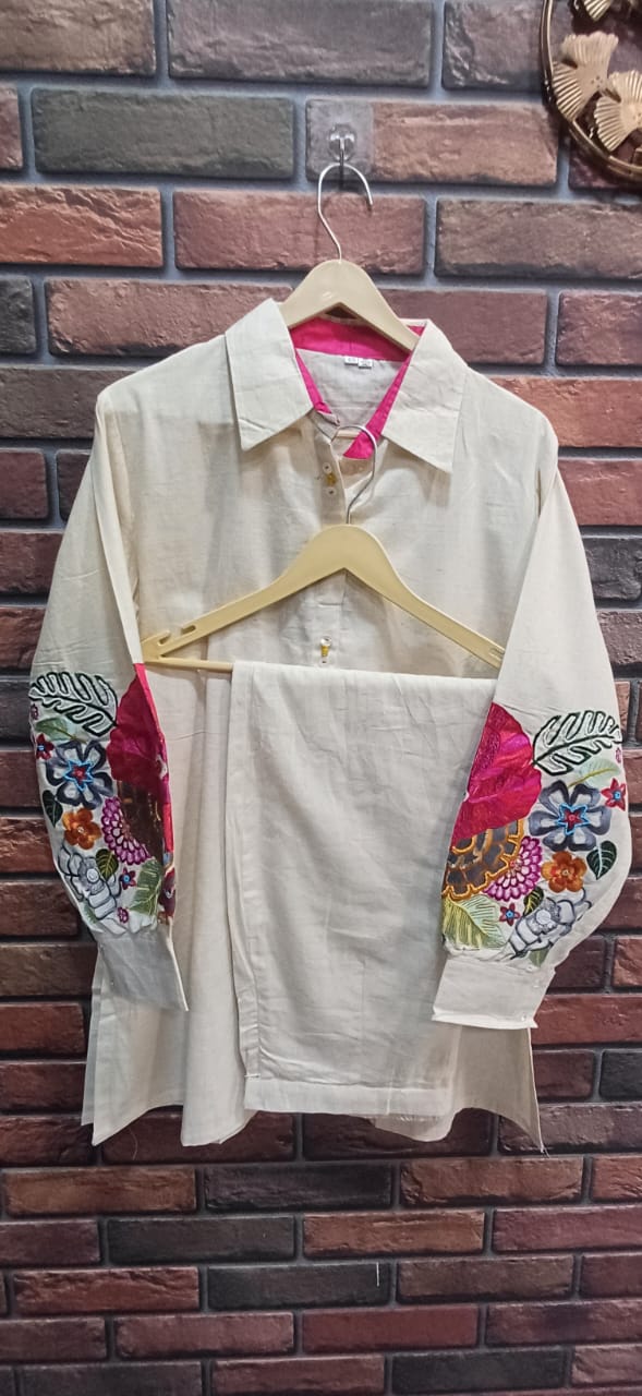 Elegant Embroidered Sleeve Khadi Co-ord Set