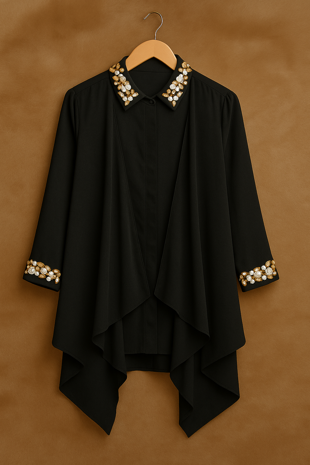 Hand-Embroidered Satin Drape Black Shirt