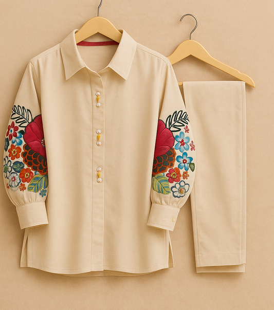 Elegant Embroidered Sleeve Khadi Co-ord Set