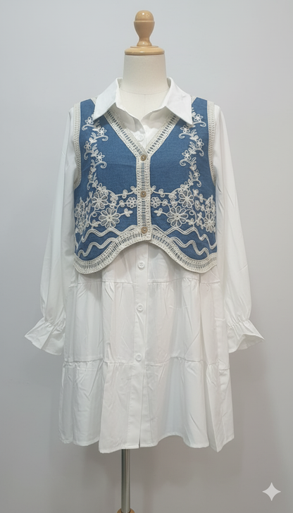 Exquisite Embroidered Denim Waistcoat and Shirt
