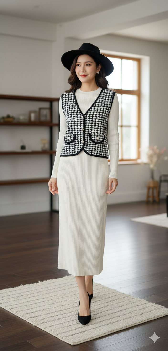 Elegant Houndstooth Vest & Ribbed Knit Dress Set