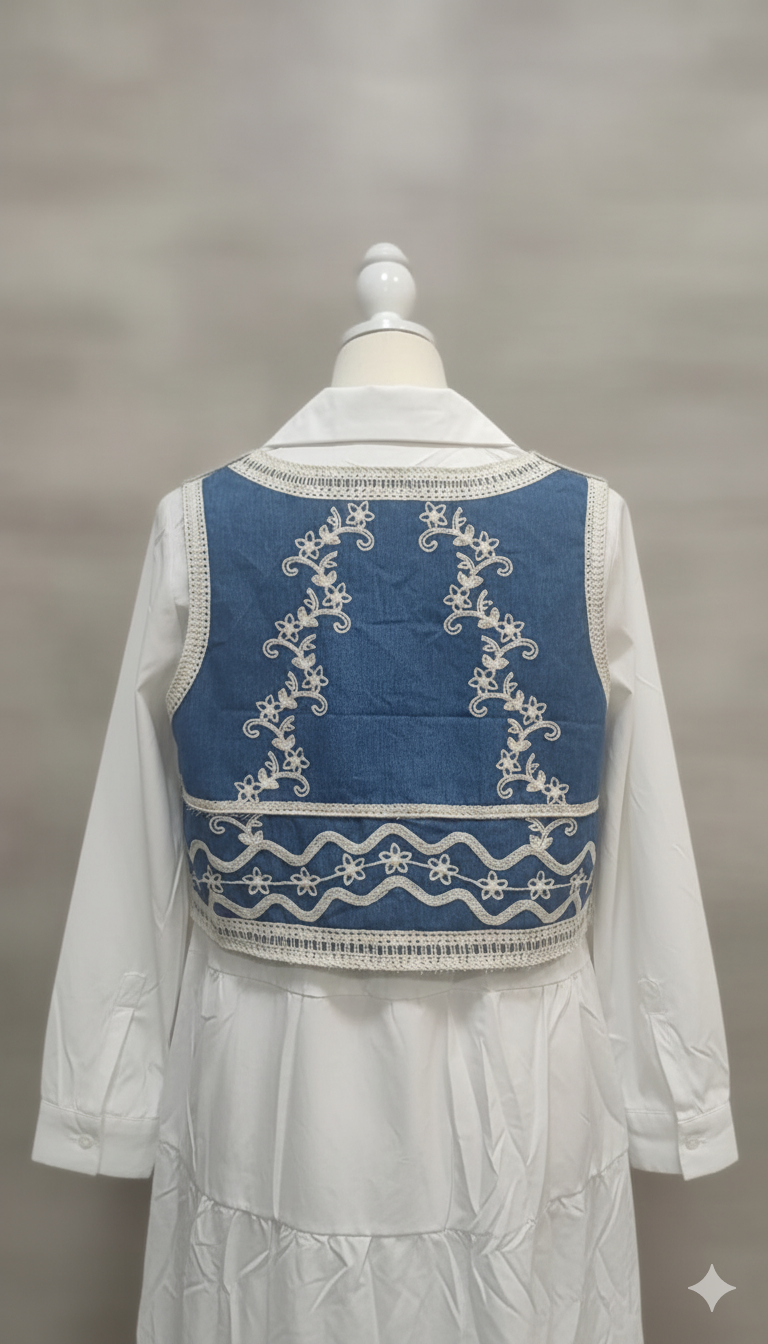 Exquisite Embroidered Denim Waistcoat and Shirt