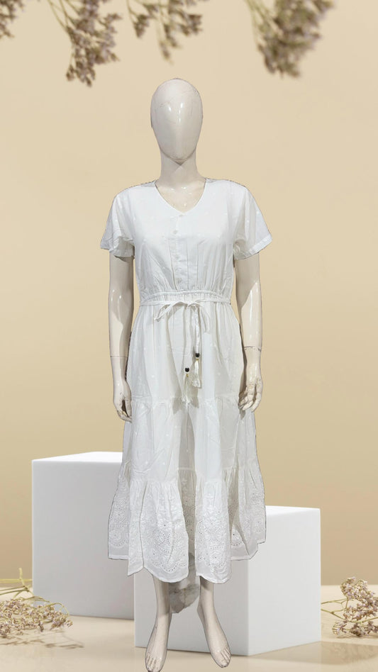 White Tiered Cotton Maxi Dress with Embroidered Hem