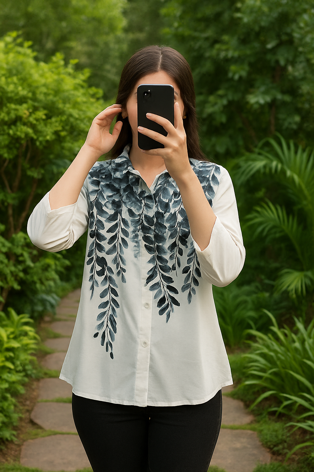 Leaf Print Georgette Plus Size Shirt for Women