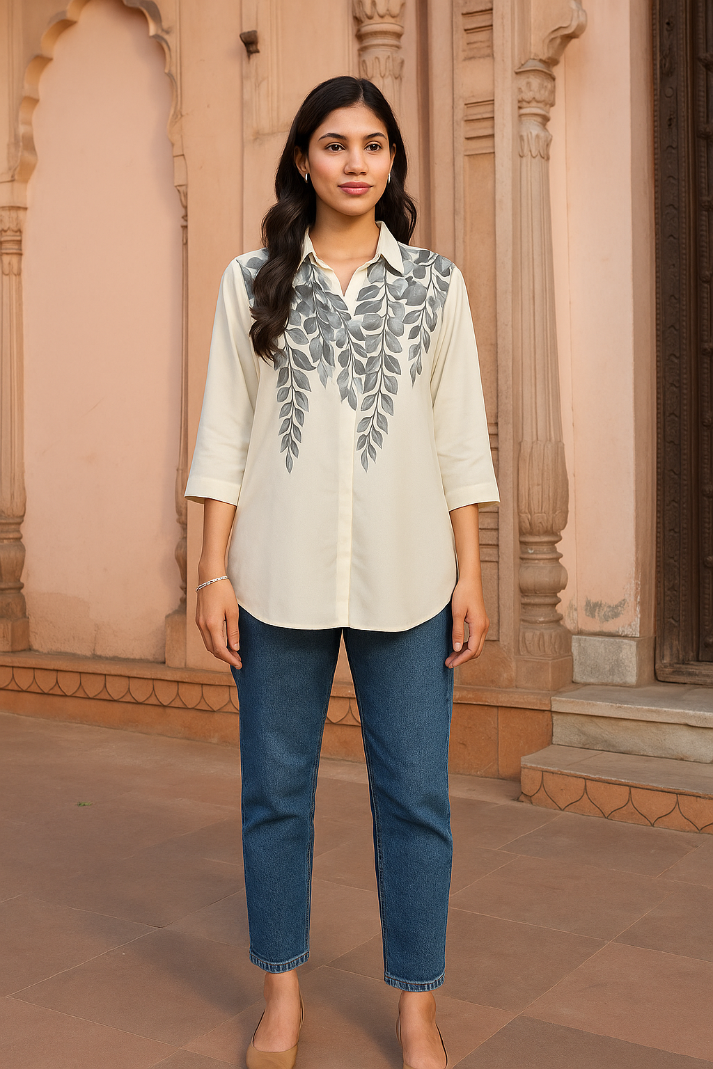 Leaf Print Georgette Plus Size Shirt for Women 1