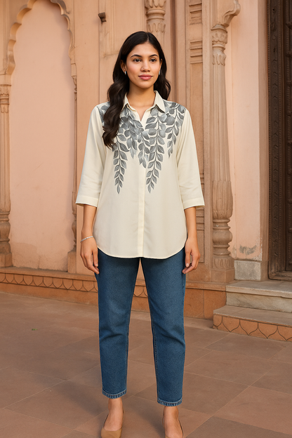 Leaf Print Georgette Plus Size Shirt for Women 1