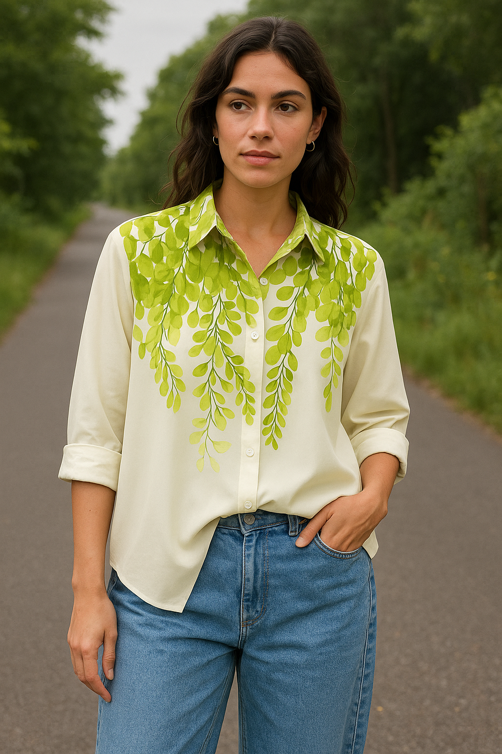 Leaf Print Georgette Plus Size Shirt for Women 5