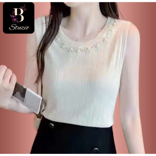 Natural Beige Pearl-Embellished Knit Top