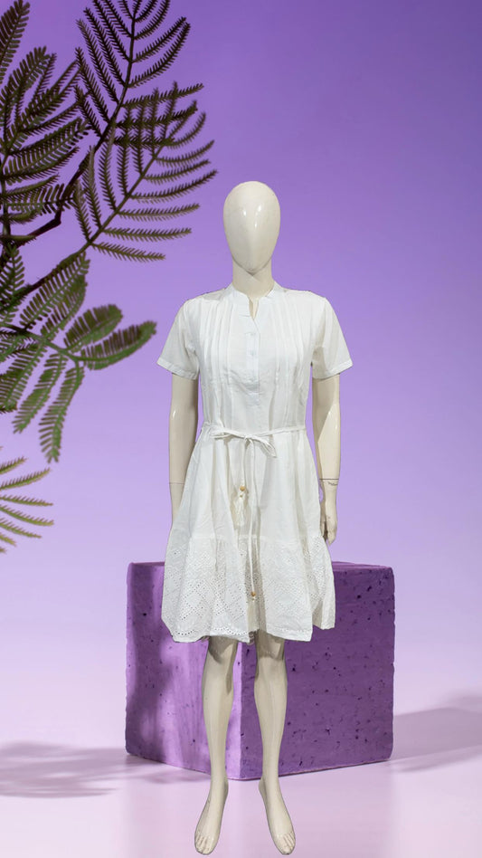 Elegant White Pintuck Cotton Dress