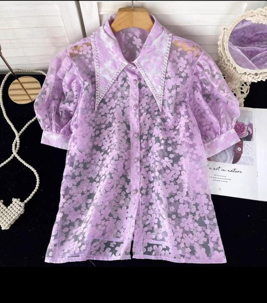 Designer Sheer Shirt with Pearl embellished Collar