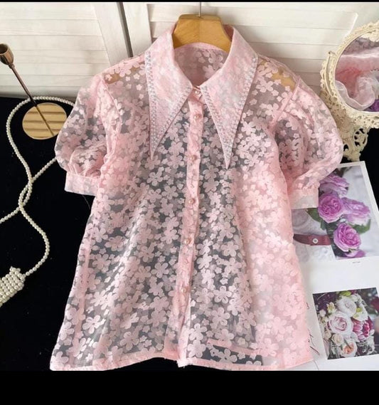 Designer Sheer Shirt with Pearl embellished Collar