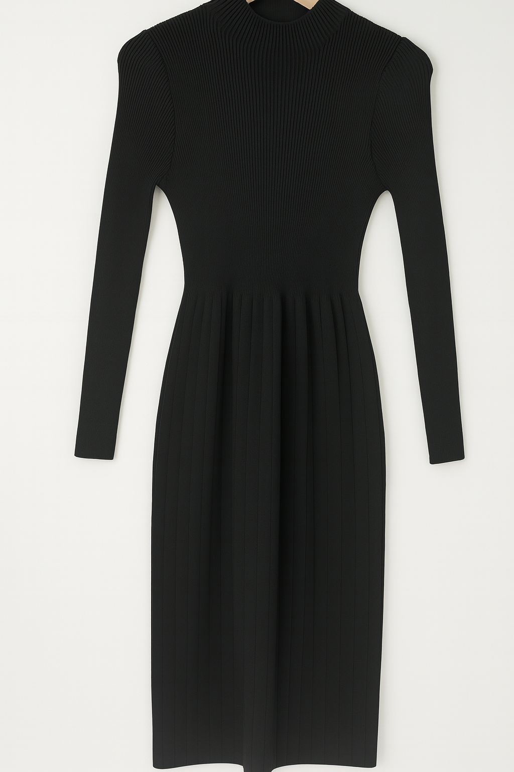 black ribbed knit dress paired with a pearl-detailed shrug