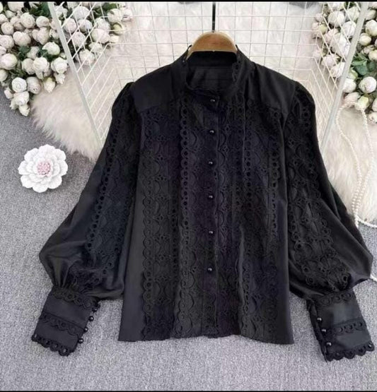 Black Crochetia Lace Panel Shirt