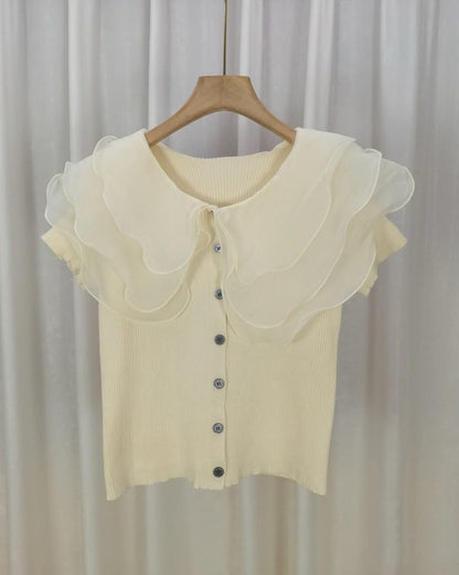 White Chic Cascade Ruffle Knit Blouse with Button Detail